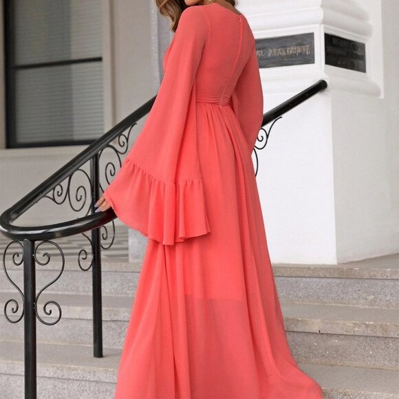 Watermelon Boho Womens Plunging Neck Flounce Sleeve Split Thigh Chiffon Dress - Picture 2 of 5